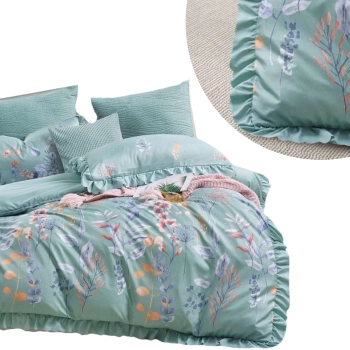 Pościel z falbanką 200x220 miętowa w kwiaty – komplet premium PW14